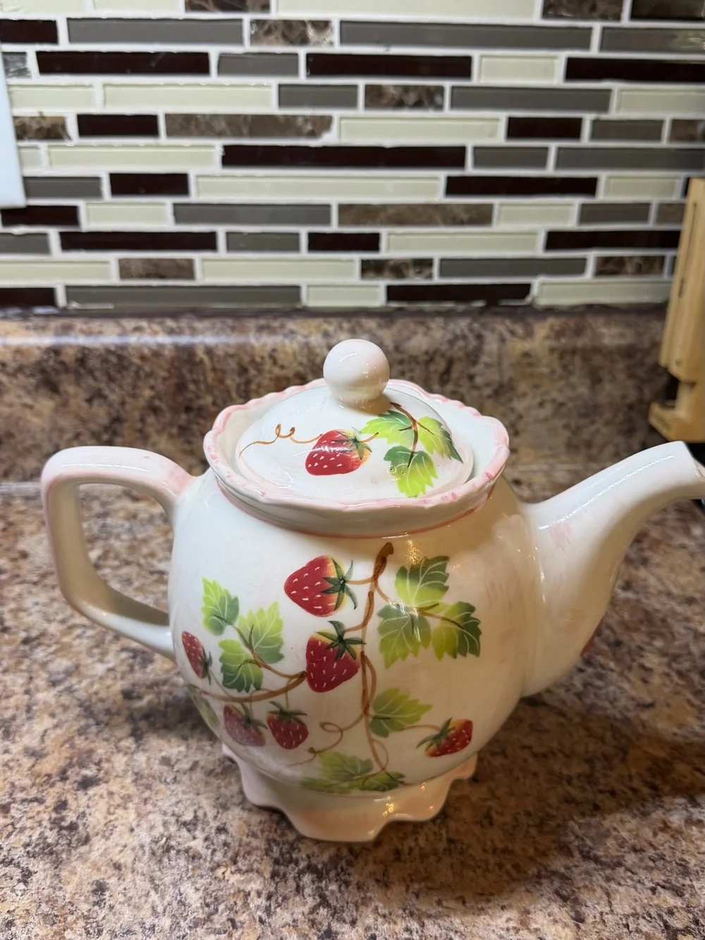 Strawberry Print Ceramic Teapot with Pink Trim